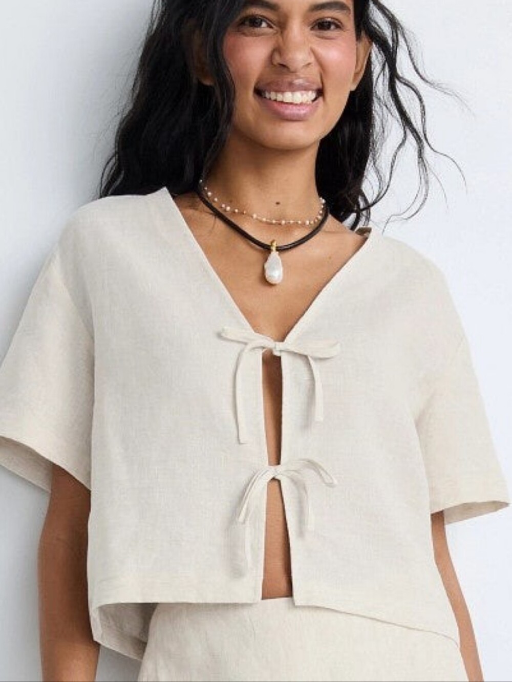 Staud Ava Linen Top  V-Neck Short Sleeve Size M